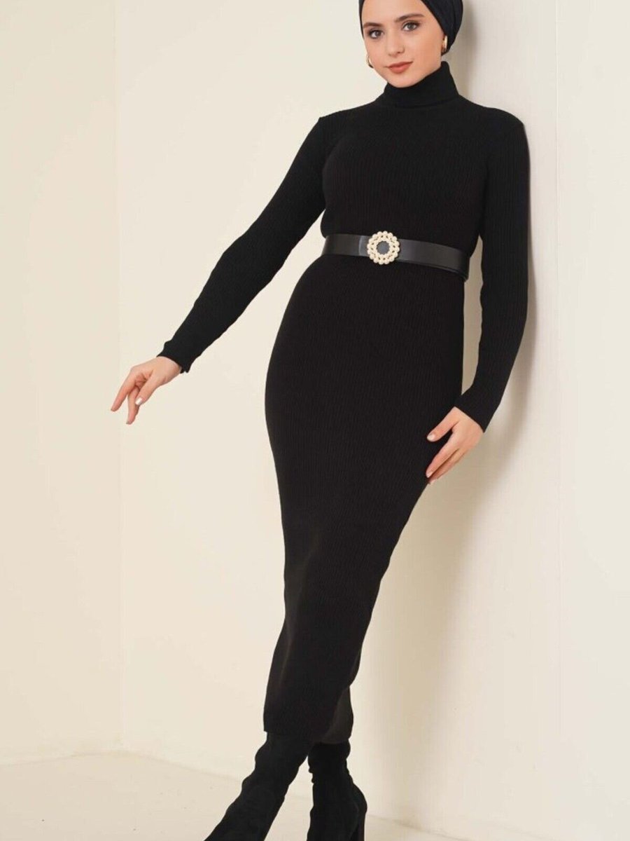 Maximor Siyah Fitilli Renk Kaşkorse Kumaş Balıkçı Yaka 135cm Elbise