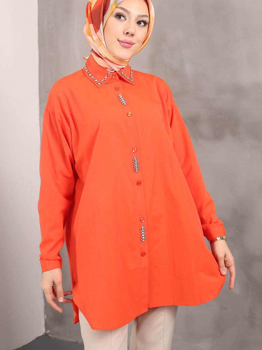 İmajbutik Orange Yaka Ön Taşlı Tunik