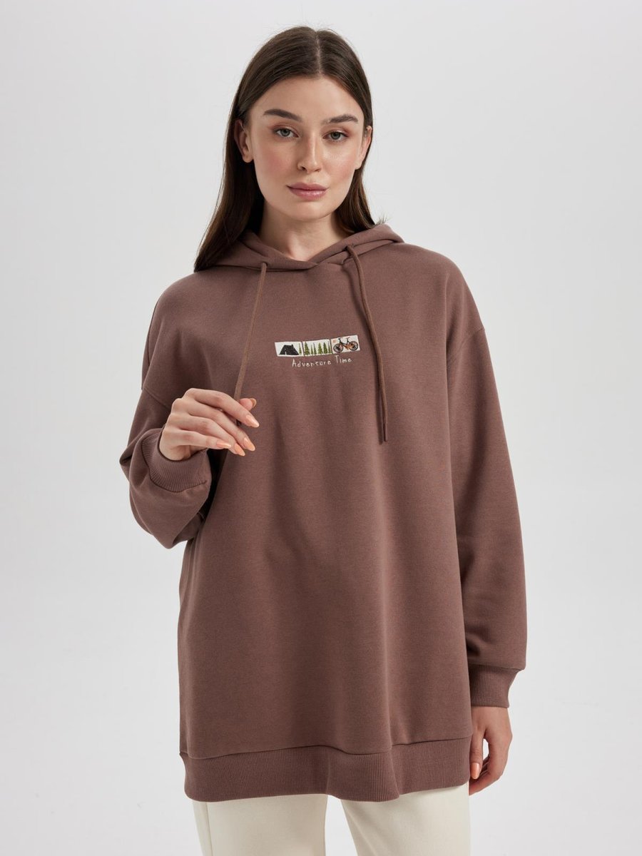 Defacto Regular Fit Kapüşonlu Nakışlı Kalın Sweatshirt Tunik