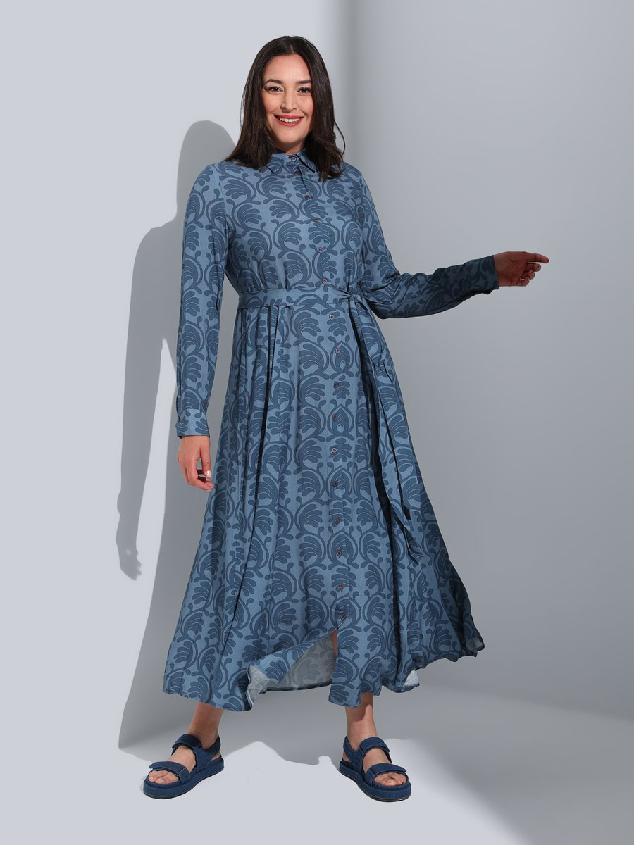 Alia Büyük Beden Boydan Düğmeli Desenli Elbise Mavi