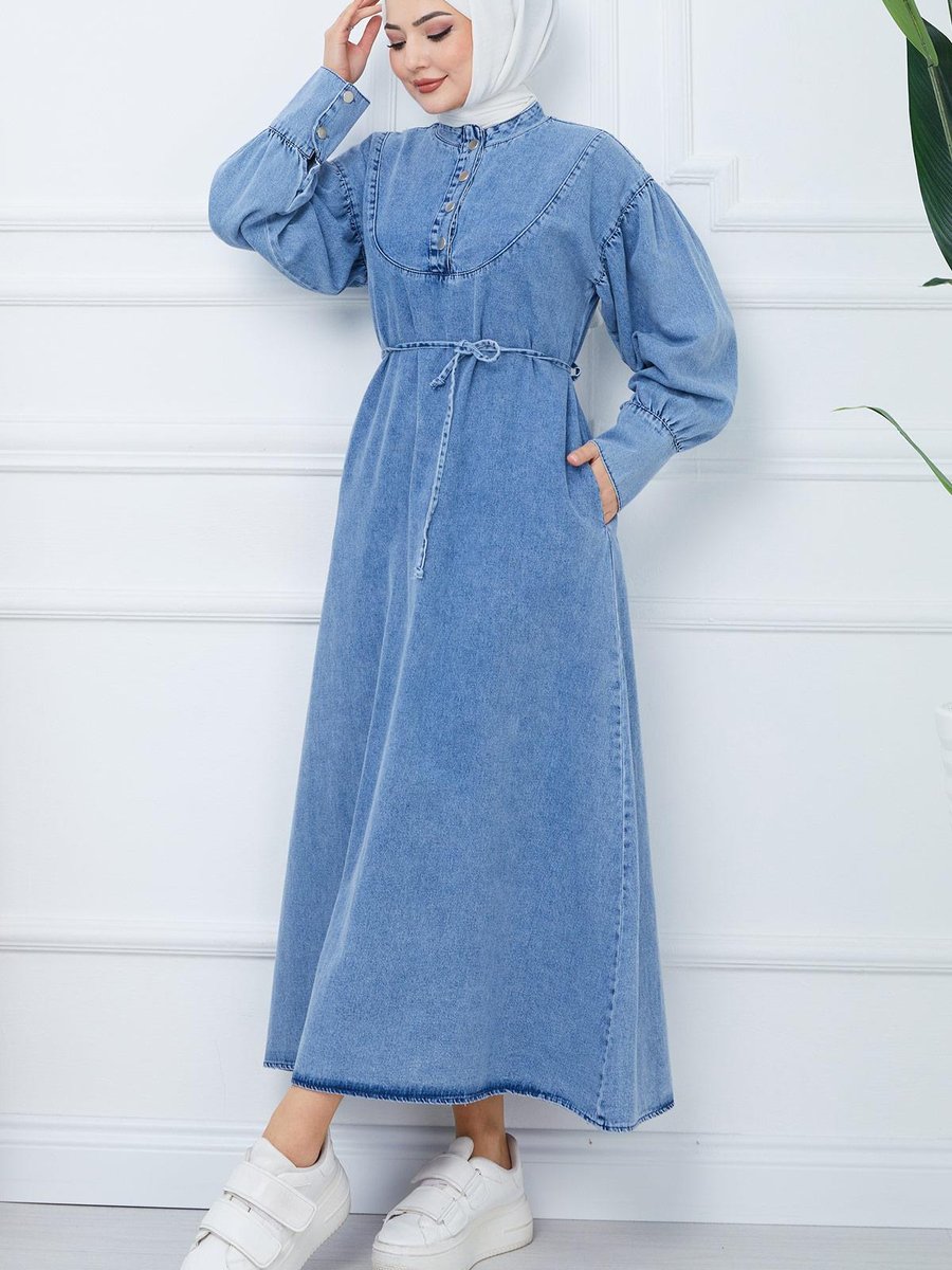 Hafsamina Düğmeli Bağcıklı Kot Elbise Mavi
