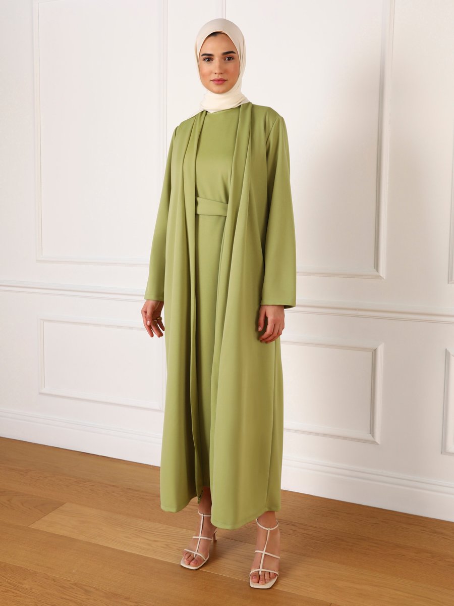 Refka Yağ Yeşili Kuşak Detaylı Elbise & Ferace İkili Takım