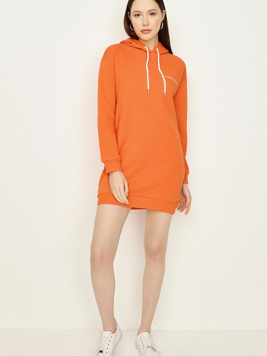 Select Moda Turuncu Kapüşonlu Sırt Baskılı Mini Sweat Elbise