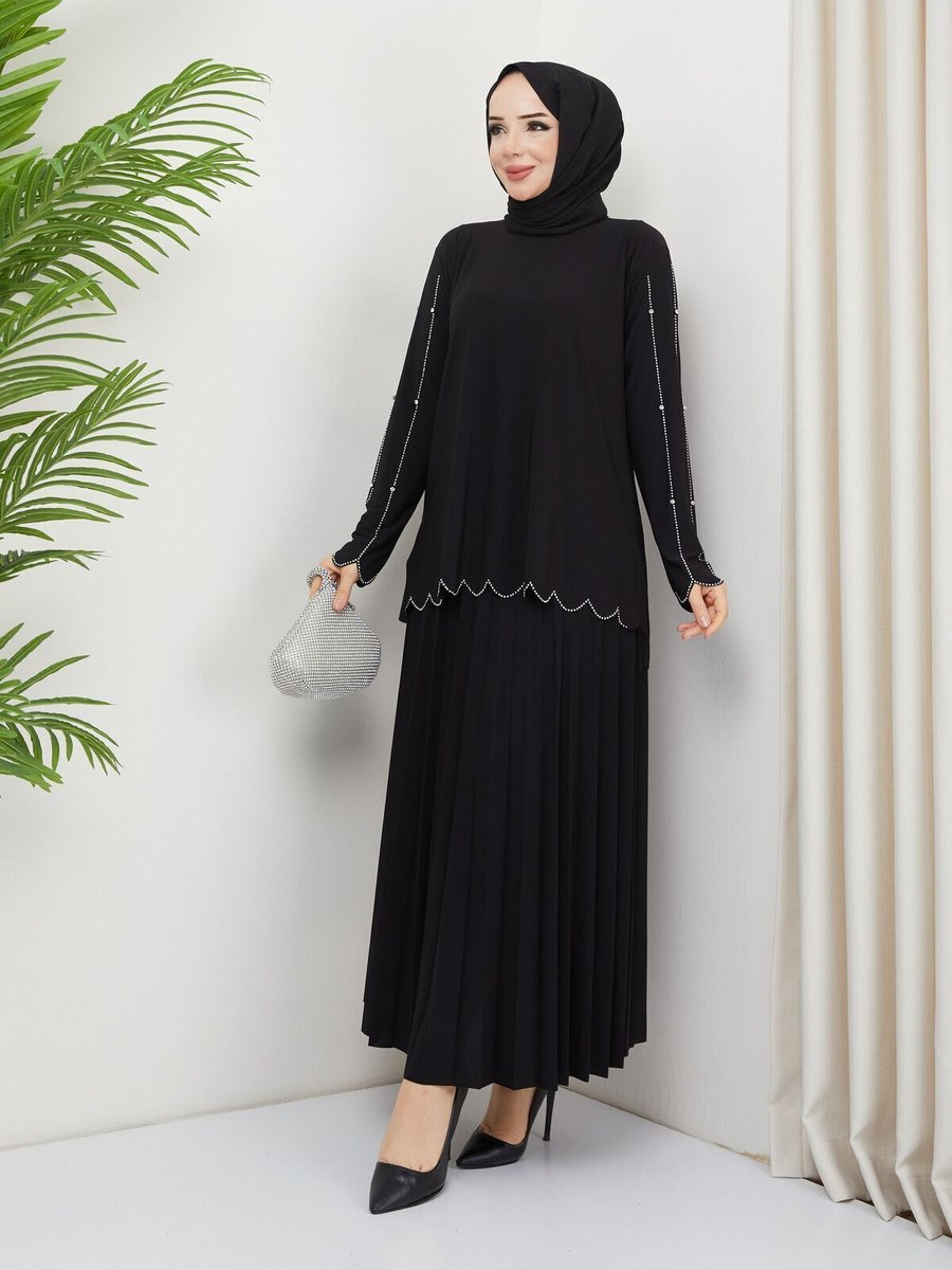 Modamira Sandy Siyah Önü Ve Kolları Dms Taş Işlemeli Bluz Etek Piliseli İkili Etekli Takım