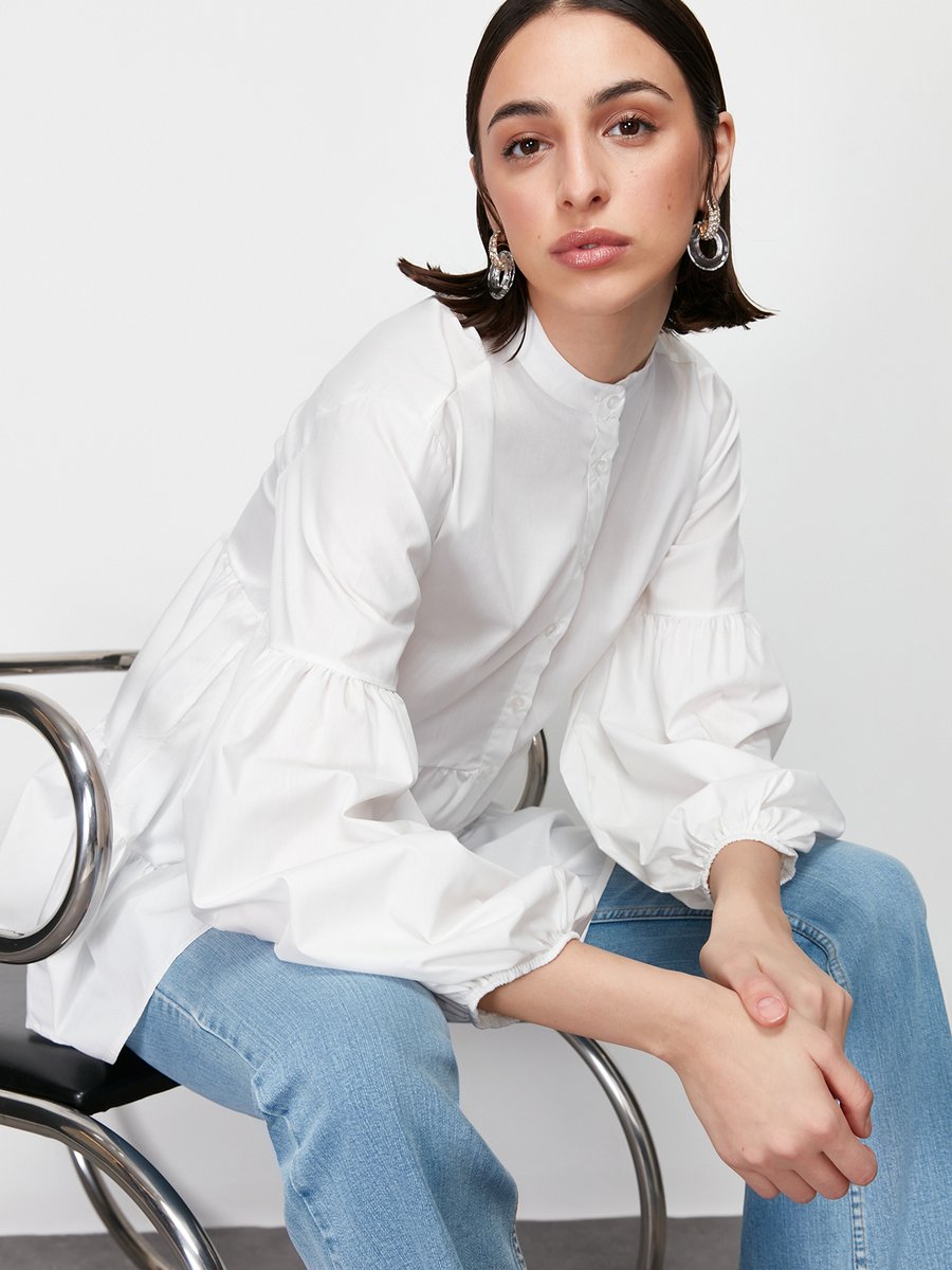 Trendyol Modest Ekru Eteği Kat Kat Pamuklu Dokuma Gömlek