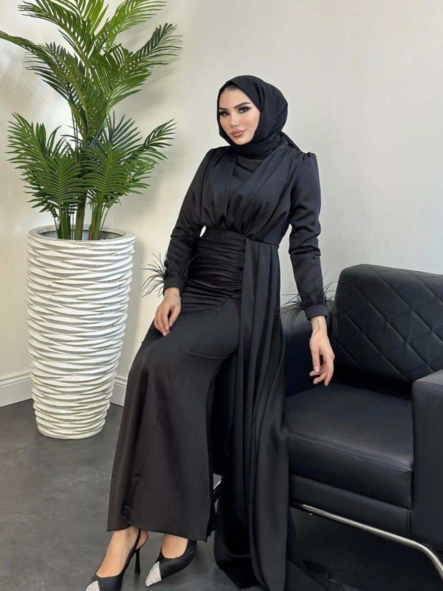 Şule Giyim Kuyruk Detaylı Saten Abiye Elbise Siyah