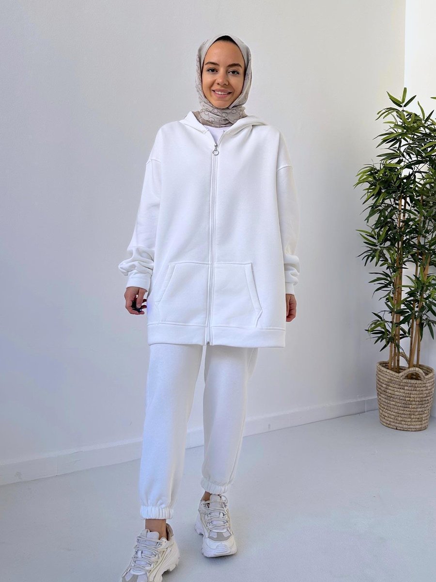 Ka Hijab Kapüşonlu Şardonlu Eşofman Takımı Beyaz