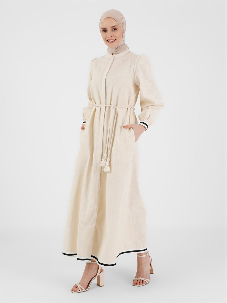 Refka Keten Görünümlü Şerit Detaylı Kemerli Elbise Vanilya