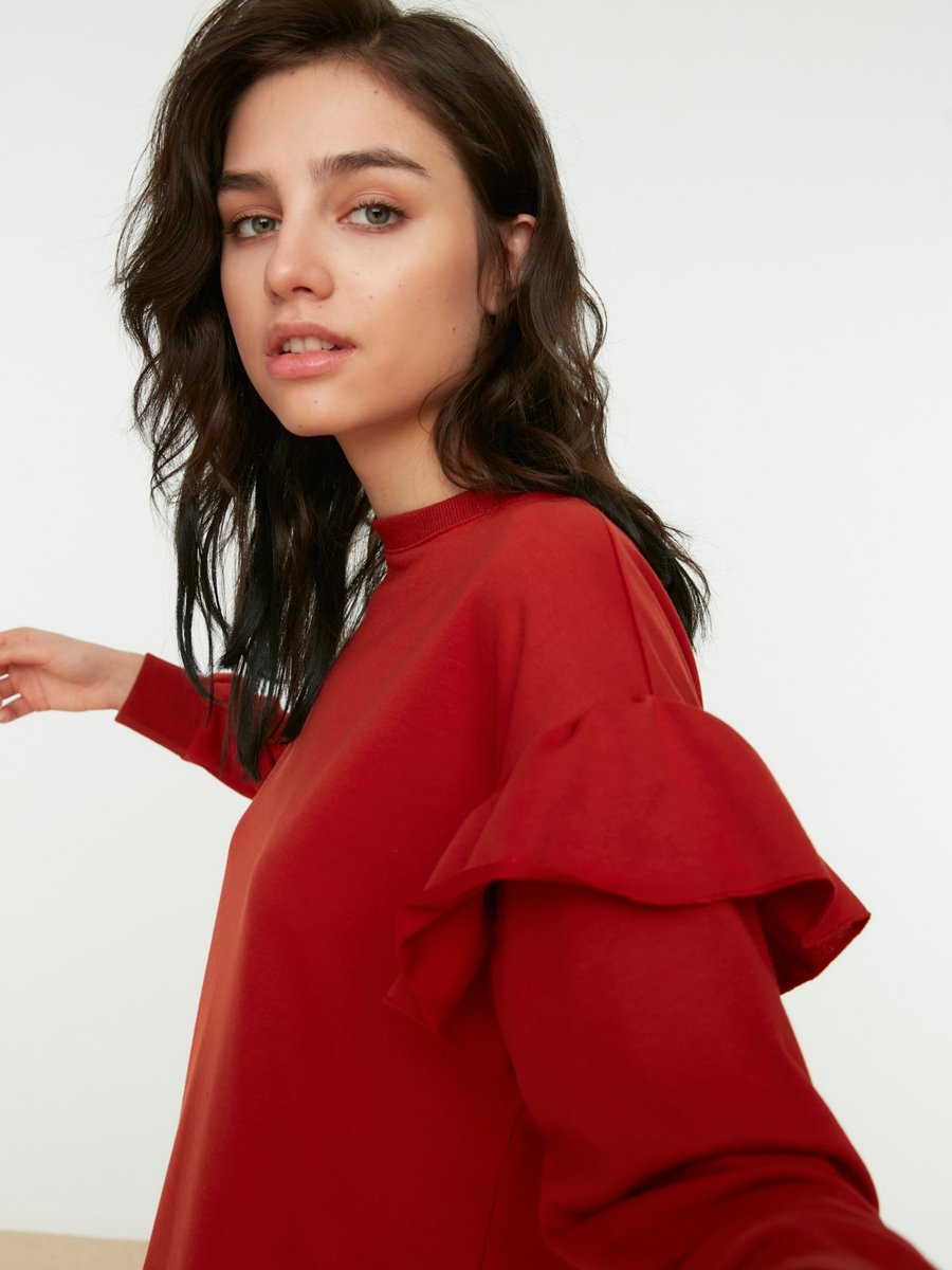 Trendyol Modest Kiremit Bisiklet Yaka Kolu Fırfırlı Örme Sweatshirt