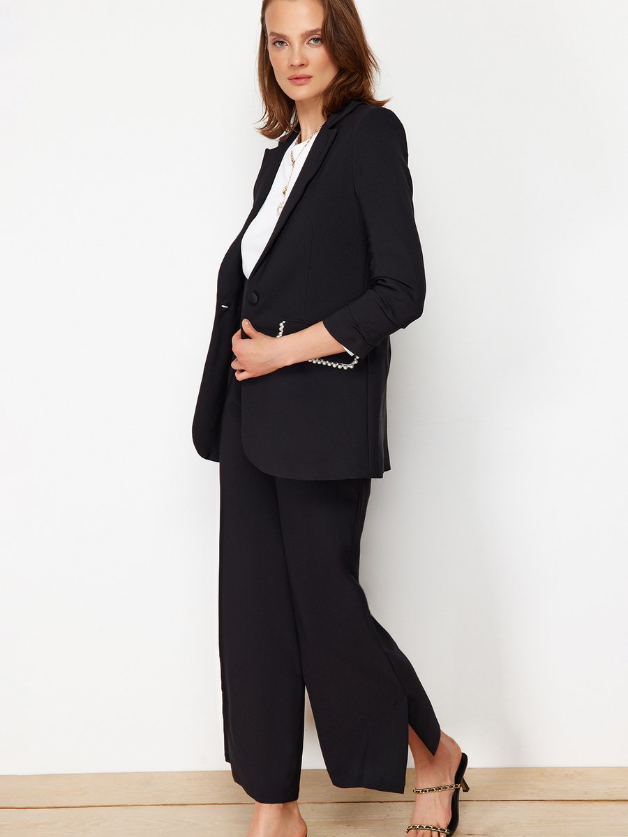 Trendyol Modest Siyah İnci Detaylı Krep Ceket Pantolon Dokuma Alt Üst Takım