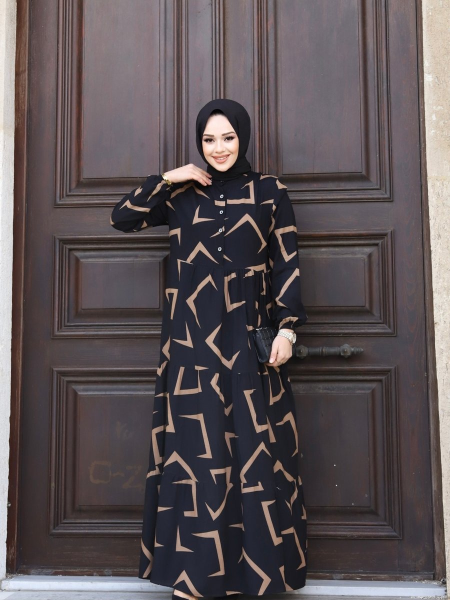 Sfg Life Moda Kadın Yazlık Tesettür Önü Düğmeli Desenli Dokuma Viskon Şık Elbise