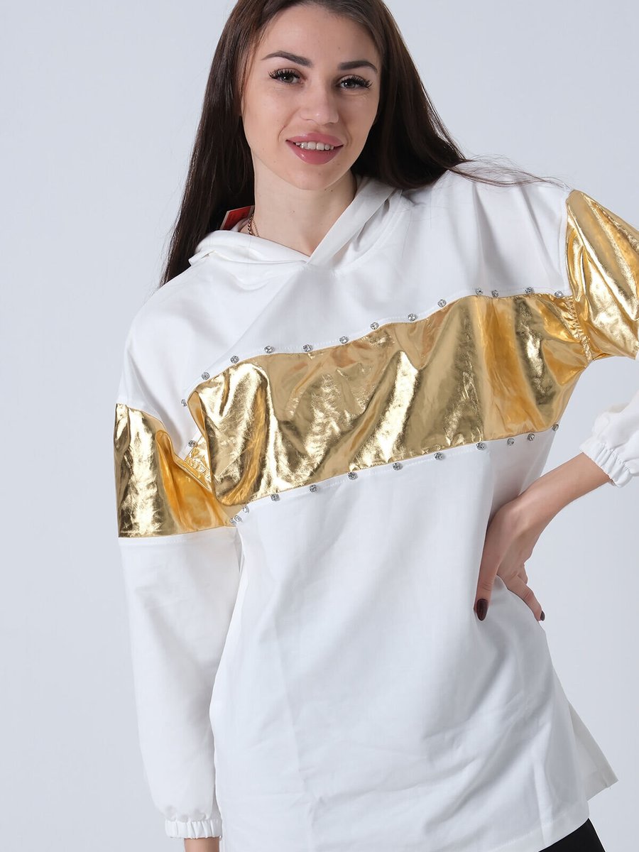 Ardanewline Beyaz Gold Şeritli Taşlı Kapüşonlu Sweatshirt