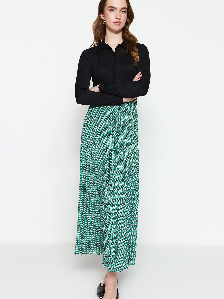 Trendyol Modest Yeşil Geometrik Desenli Piliseli Beli Lastikli Dokuma Etek