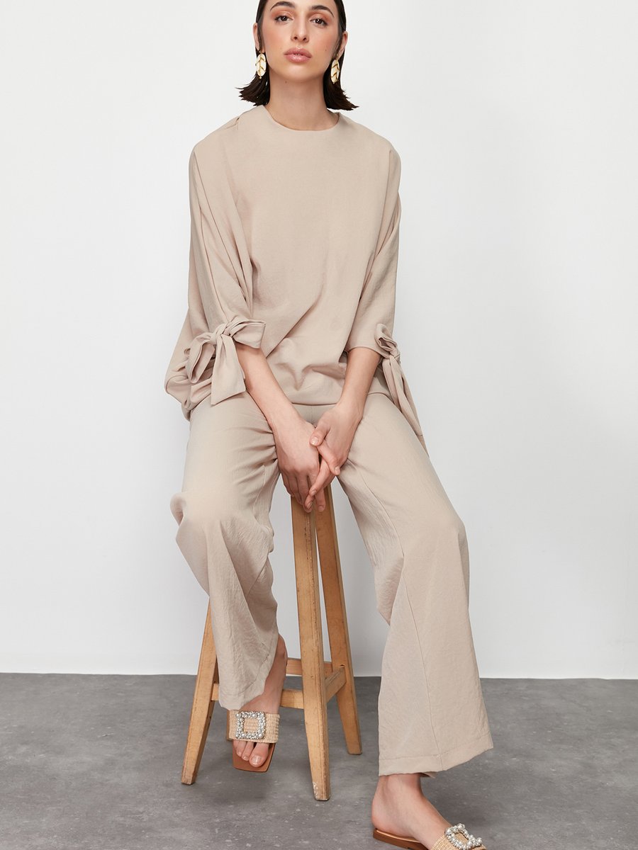 Trendyol Modest Taş Yarasa Kollu Dokuma Aerobin Tunik Pantolon Takım