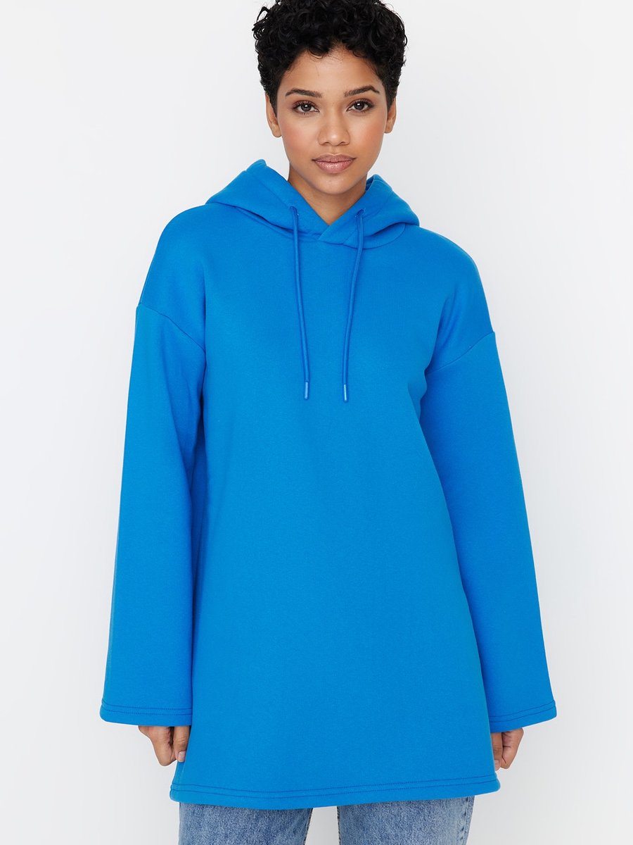 Trendyol Modest Mavi Kapüşonlu İçi Tüylü Örme Sweatshirt