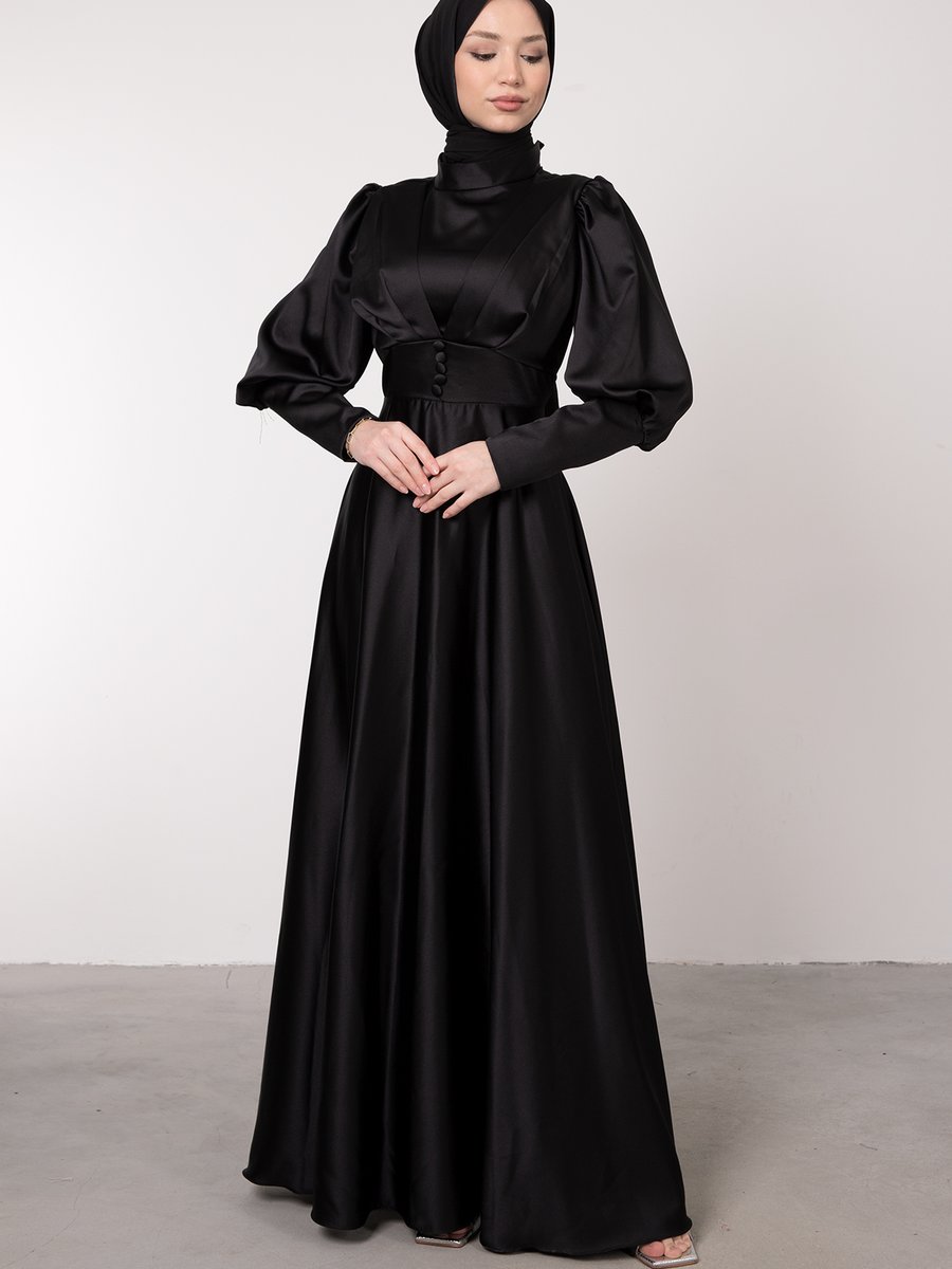 Lamia Giyim Kesik Balon Kol Detaylı Saten Abiye Elbise Siyah