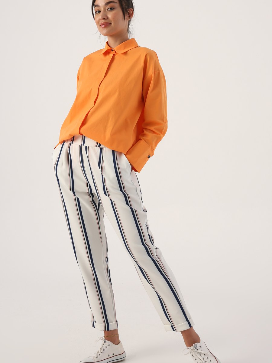 Allday Beyaz İndigo Çizgili Desenli Beli Lastikli Pantolon