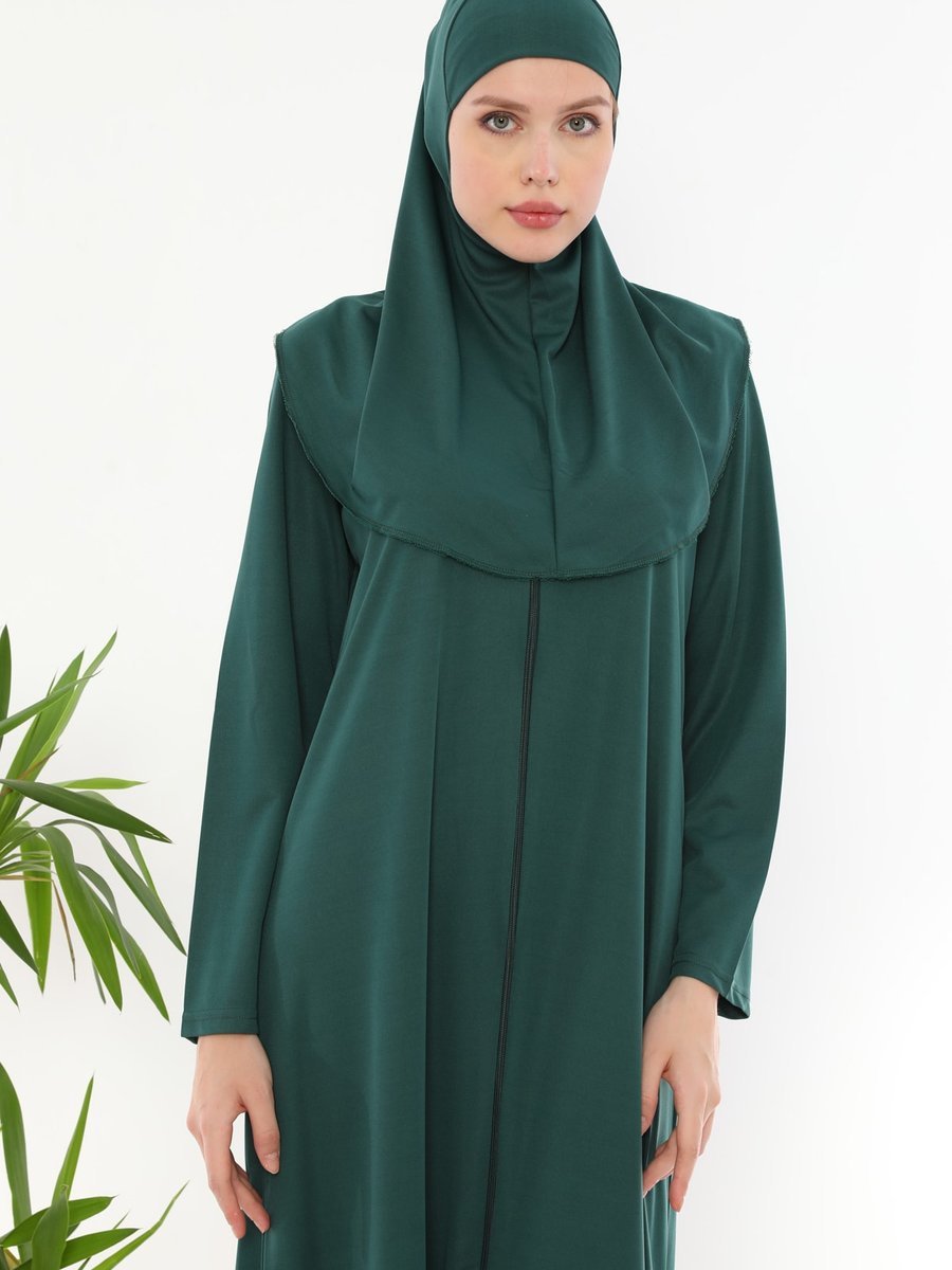 Feyza Fashion Başörtülü Fermuarlı Pratik Namaz Elbisesi Zümrüt Yeşili