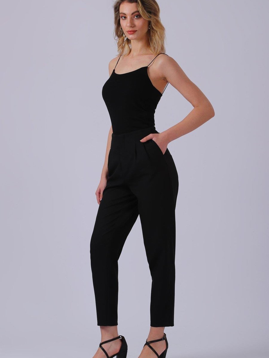 Sd Luxury Siyah Bel Detaylı Dokuma Pantolon