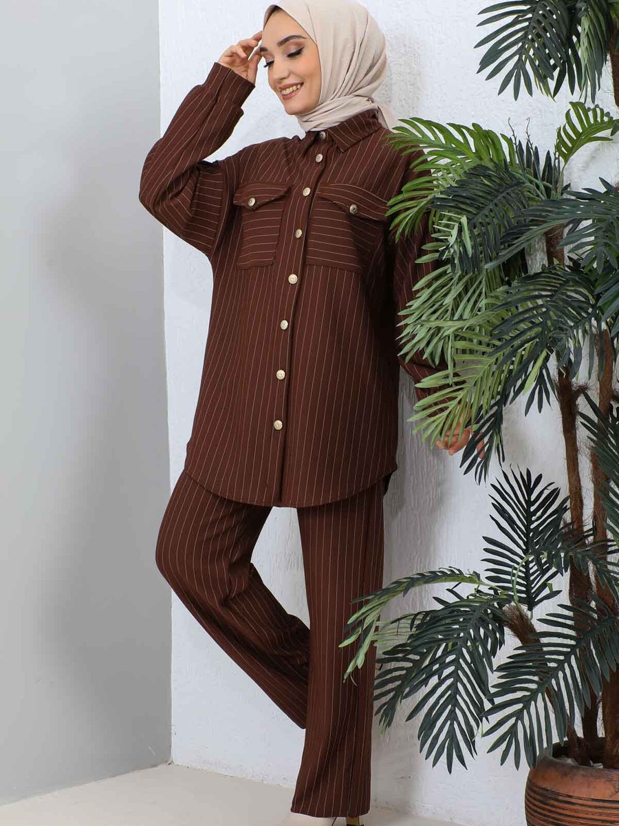 İmajbutik Kahverengi Çift Cepli Tunik Pantolon Takım