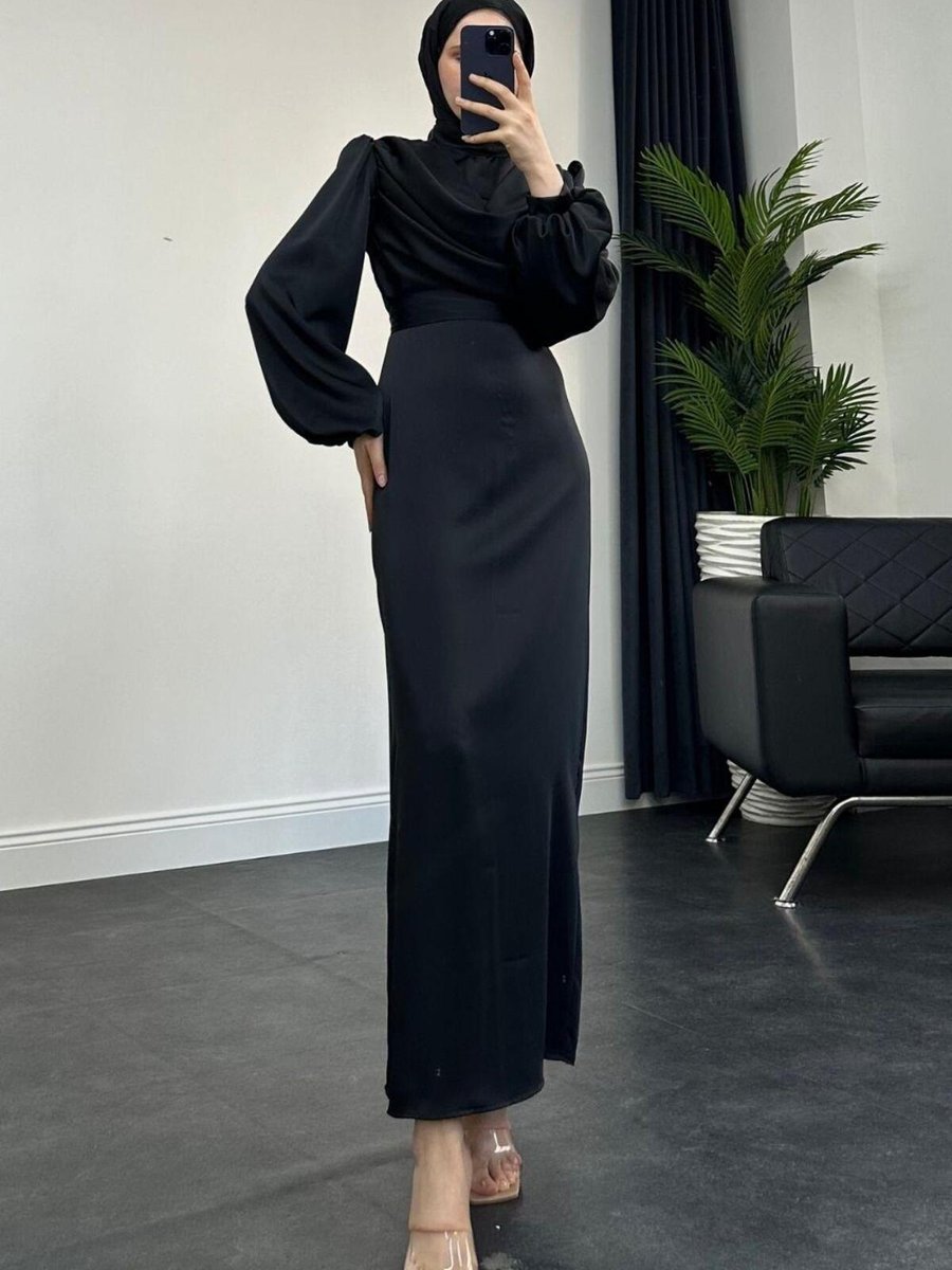 Mervenakyuz Amber Drape Detay Saten Abiye Elbise Siyah