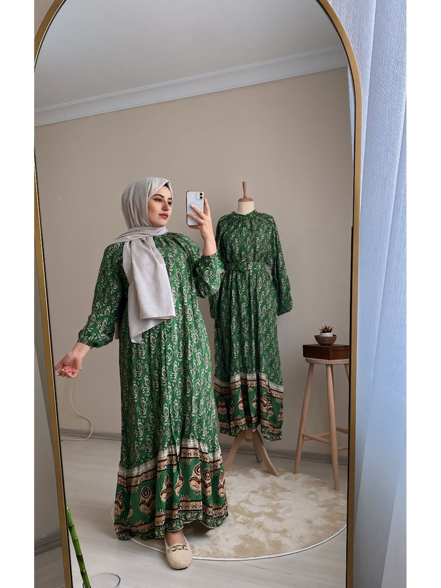 Sunep Boutik Yeşil Etnik Desen Elbise