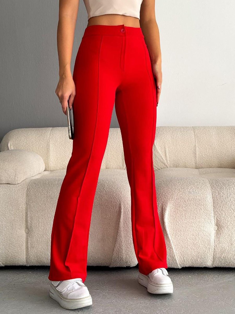 Deafox Kırmızı İthal Krep Full Likralı Çımalı Pantolon
