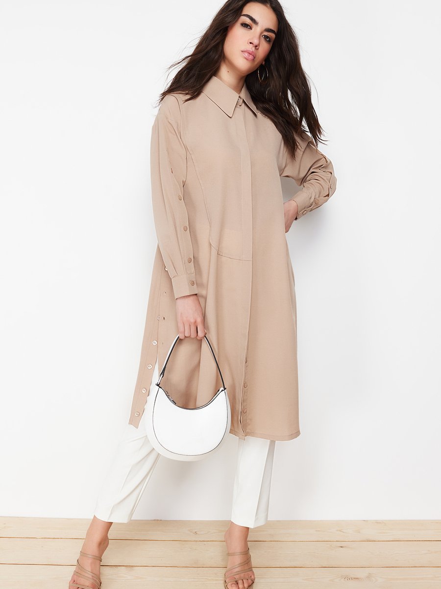 Trendyol Modest Taş Düğme Detaylı Uzun Dokuma Gömlek