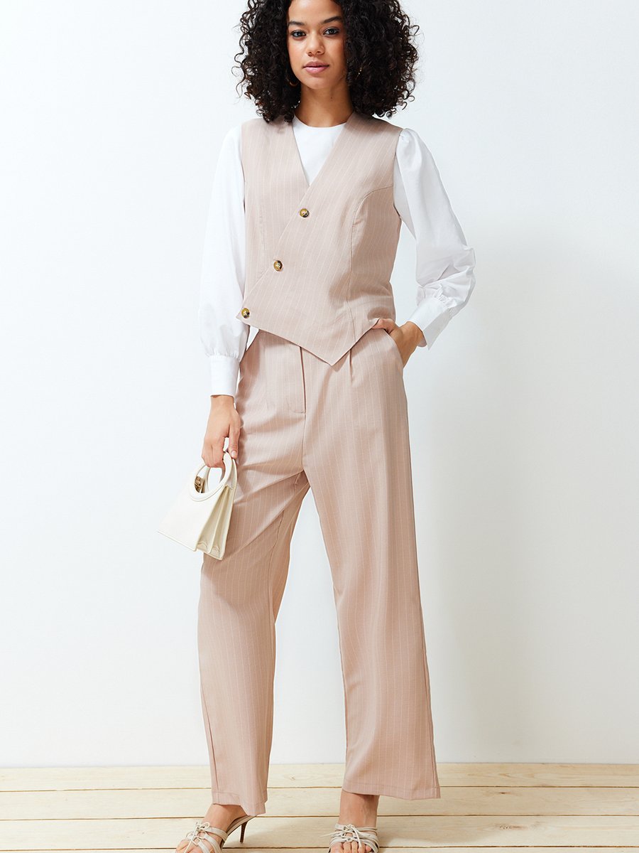 Trendyol Modest Taş Kruvaze Kapamalı Yelek Pantolon Dokuma Alt Üst Takım