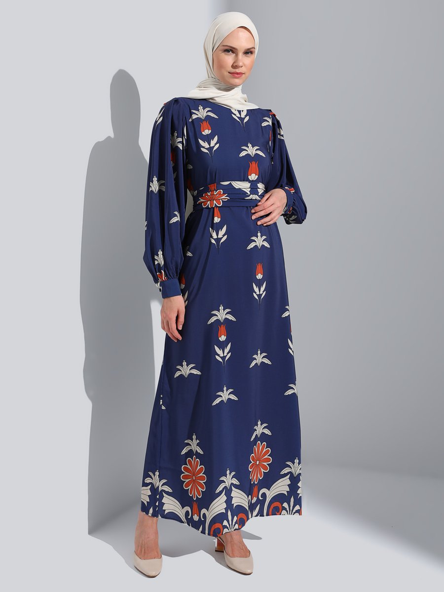 Refka Lacivert Kol Ve Kuşak Detaylı Çiçek Desenli Elbise