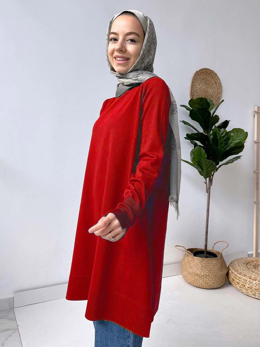 Ka Hijab A Form Işıltılı Merserize Tunik Kırmızı