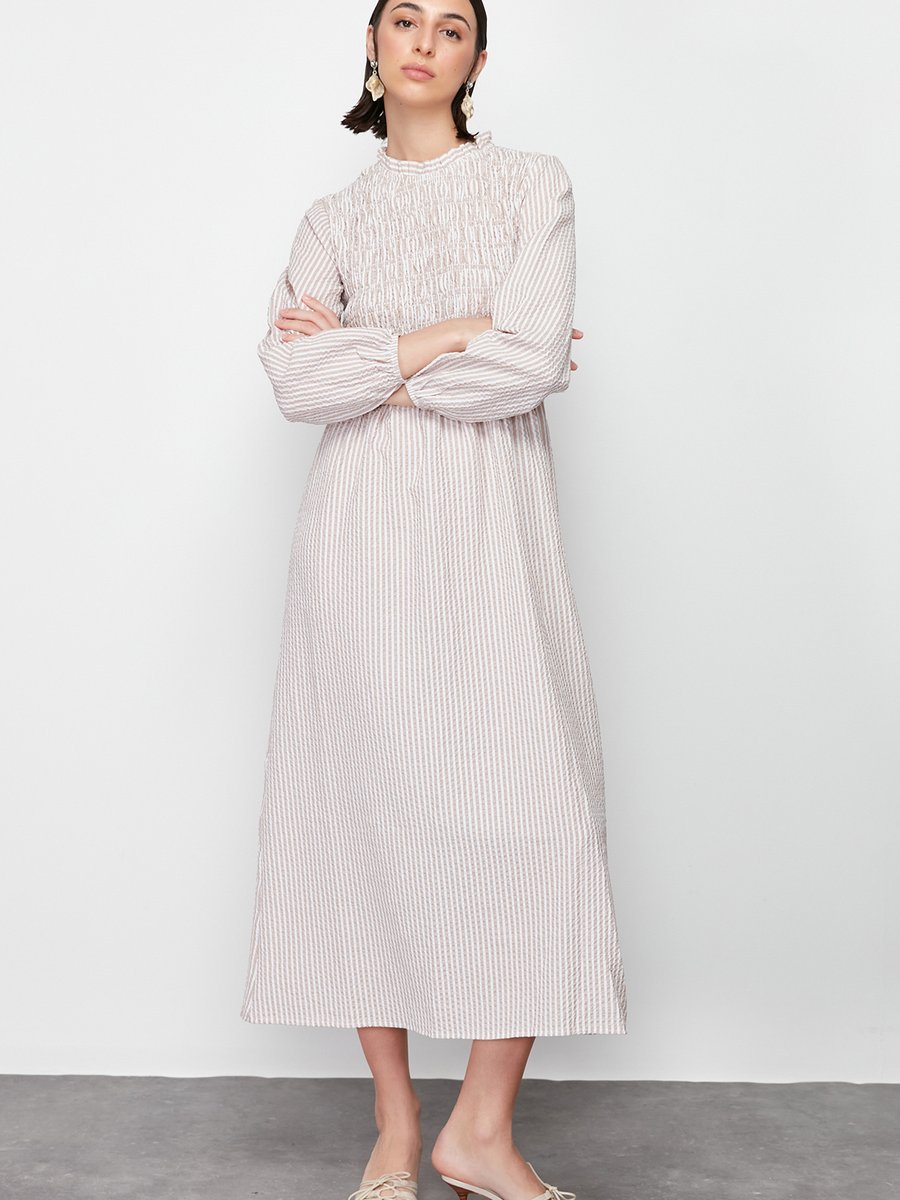 Trendyol Modest Bej Astarsız Çizgili Dokuma