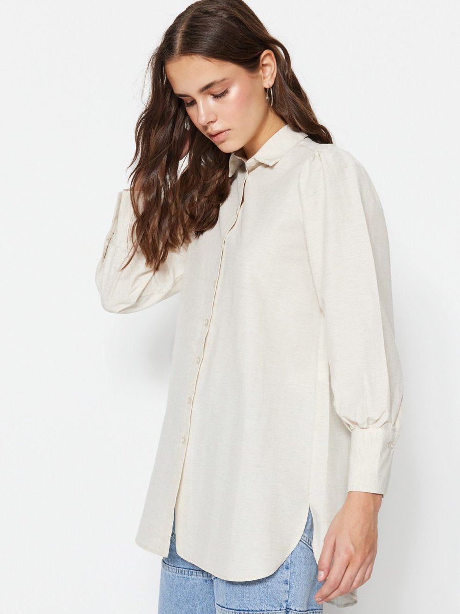 Trendyol Modest Taş Balon Kol Keten Karışımlı Gömlek