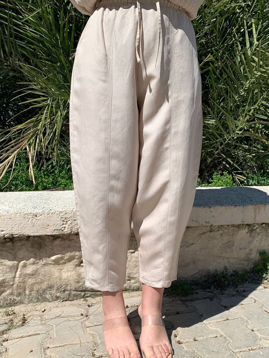 Moda Rosa Bej Keten Kumaş Şalvar Pantolon