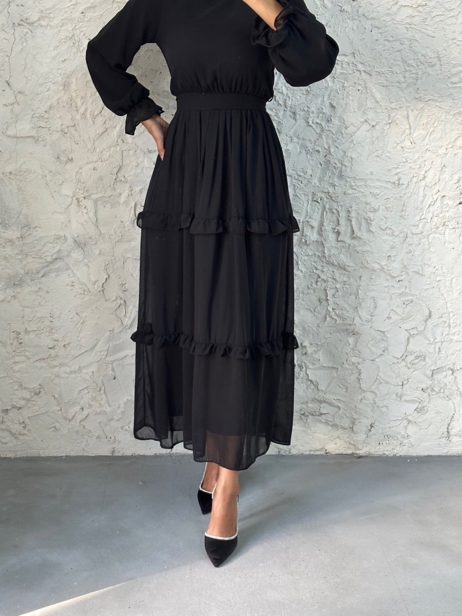 Leyuze Butik Eteği Fırfırlı Kemerli Abiye Elbise Siyah