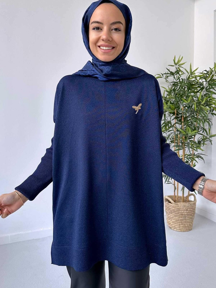 Ka Hijab Kelebek Broş Detay Merserize Tunik Lacivert