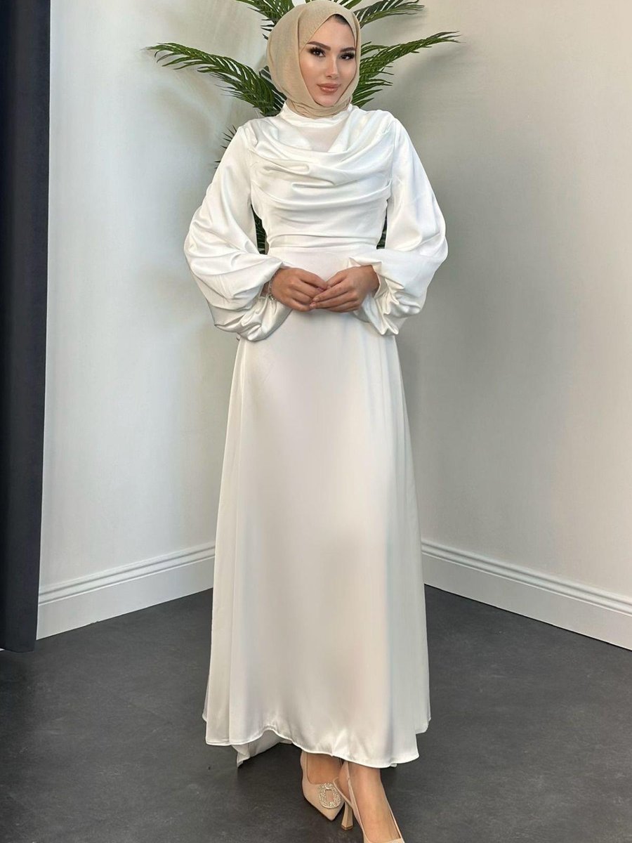 Haza Moda Degaje Saten Abiye Elbise Beyaz