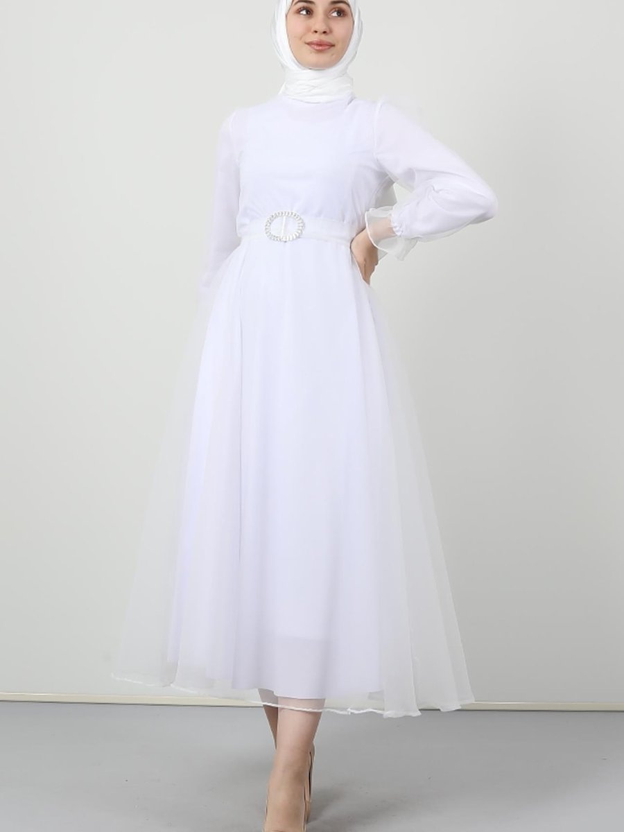 Giz Astore Zarif Abiye Elbise Beyaz