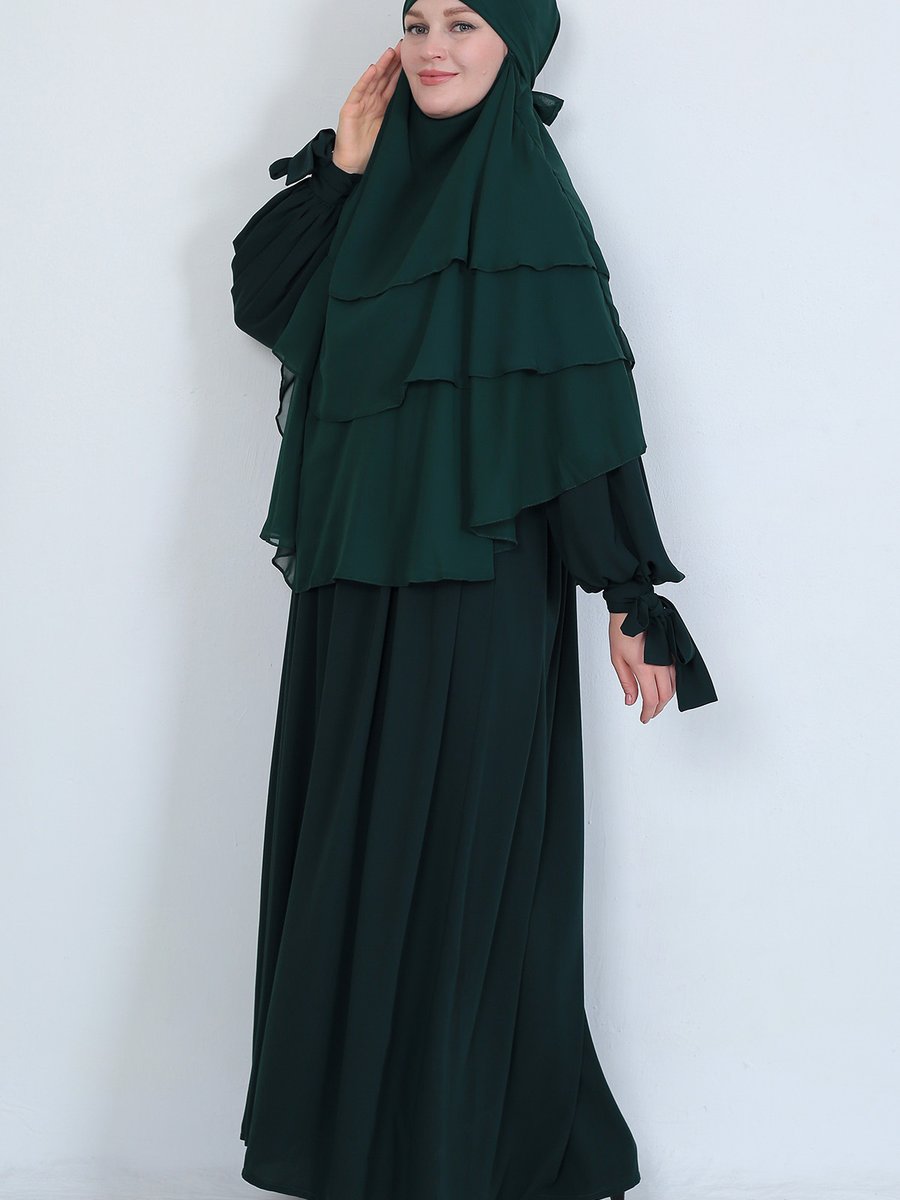 Marquant Kol Bağcıklı Robalı Elbise Ve Katlı Sufle Hijab Takım