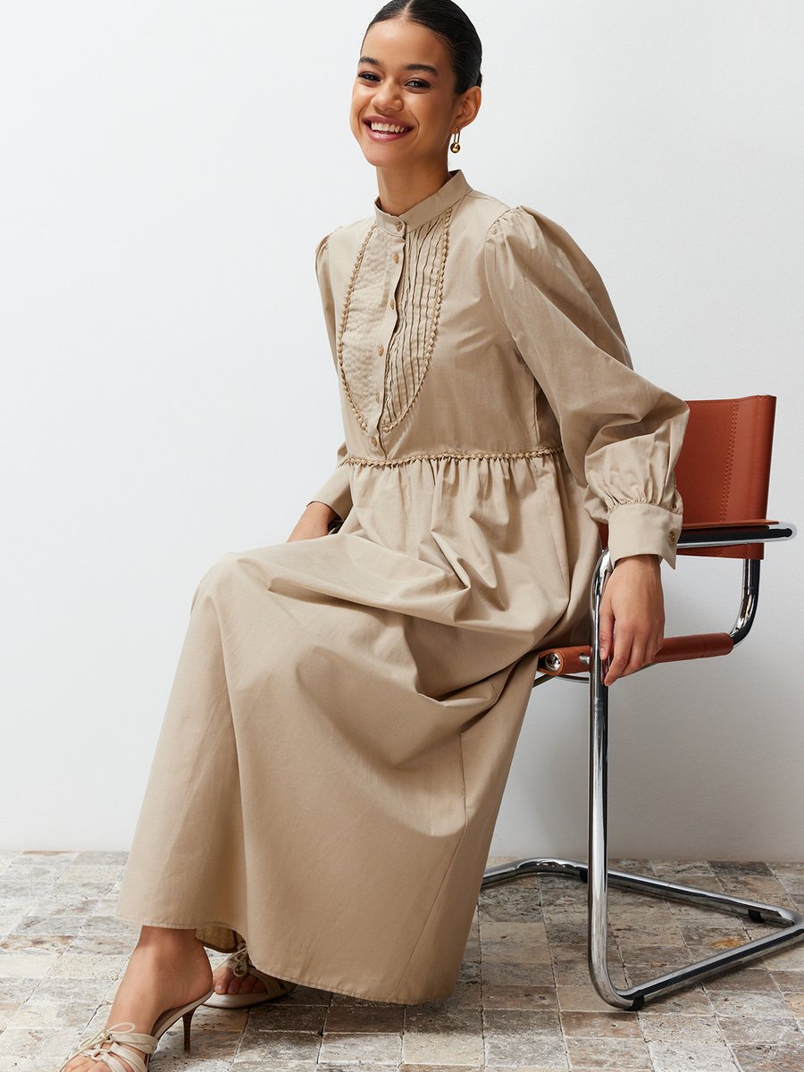 Trendyol Modest Vizon Düz Biye Detaylı Dokuma Elbise