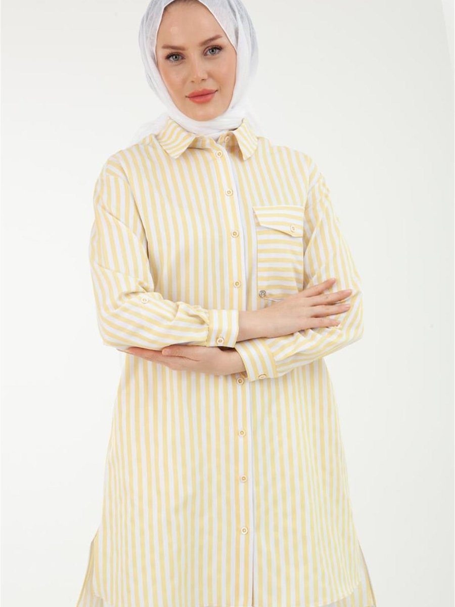 Armine Trend Gömlek Yakalı Çizgi Desenli Tunik Sarı