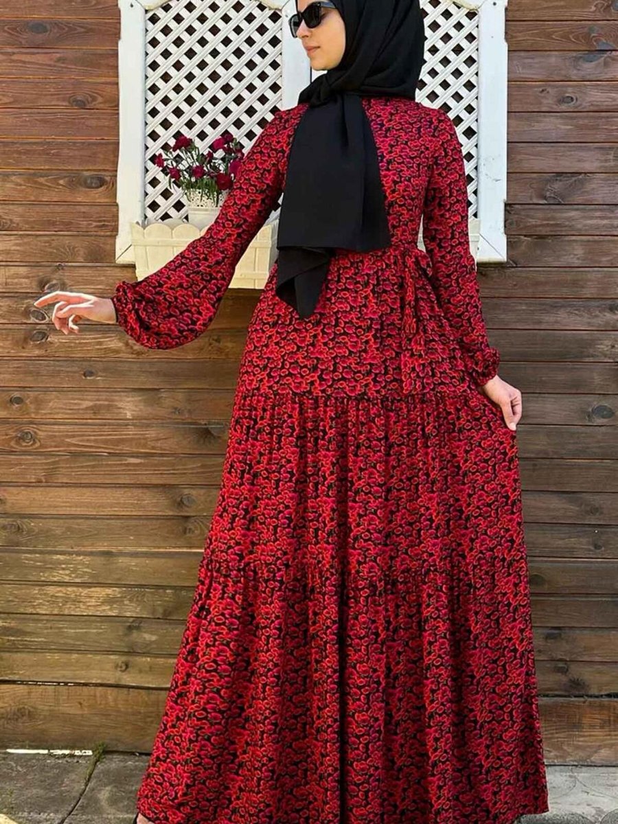 Rabia Şamlı Asil Kırmızı Çiçekli Elbise