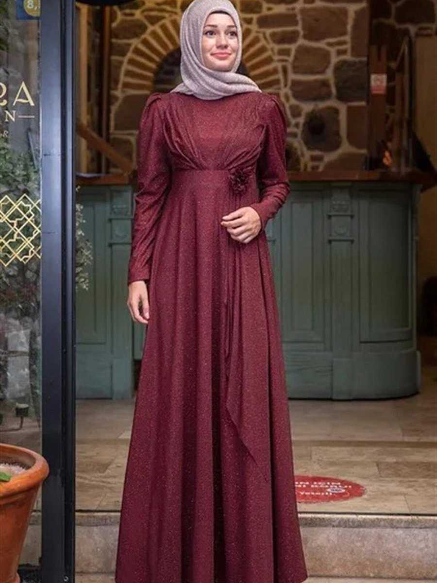 Sure Tesettür Bordo Mara Simli Abiye Elbise
