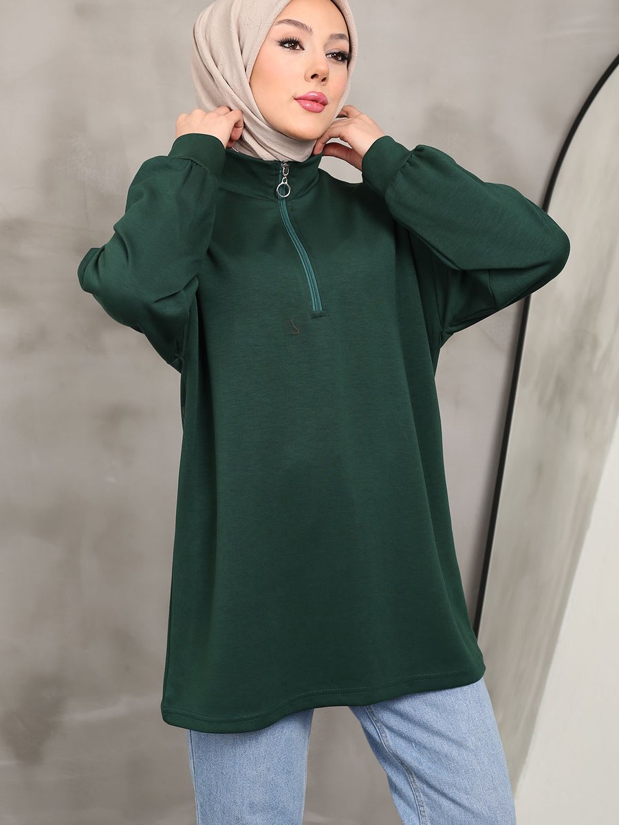 İmajbutik Zümrüt Yeşili Yaka Fermuarlı Sweatshirt