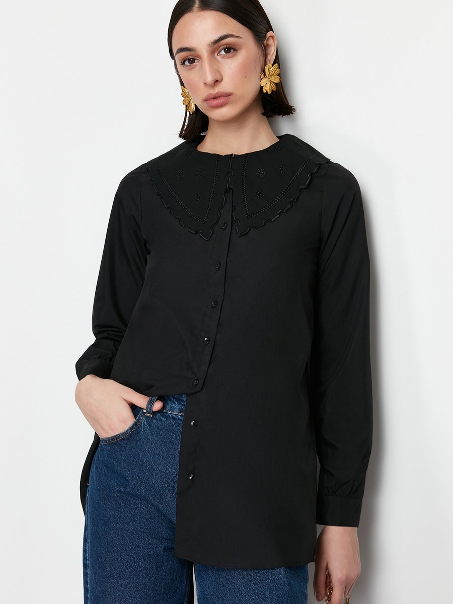 Trendyol Modest Siyah Bebe Yakalı Pamuklu Dokuma Gömlek