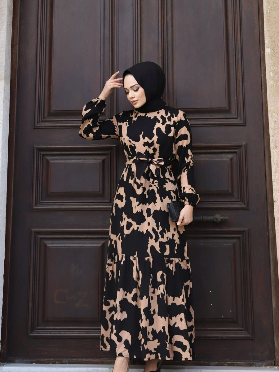 Sfg Life Moda Kadın Yazlık Tesettür Kuşaklı Dokuma Viskon Kumaş Şık Elbise