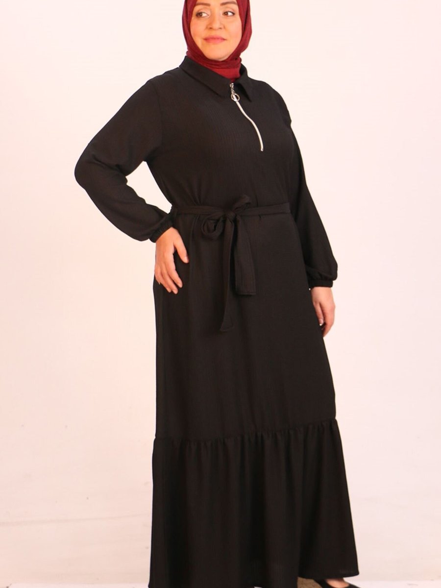 Moda Rosa Siyah Büyük Beden Bürümcük Kemerli Elbise
