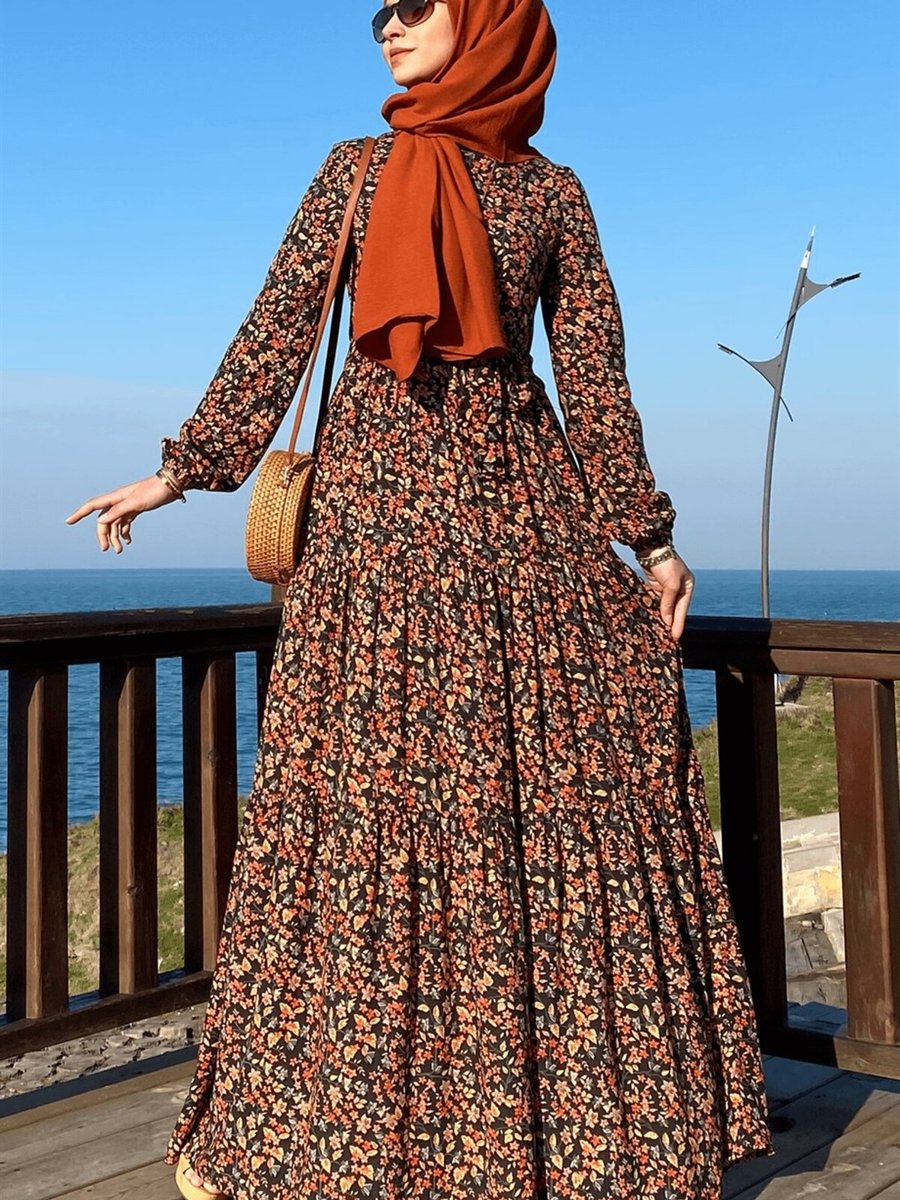 Rabia Şamlı Güzide Yaprak Desenli Elbise Turuncu