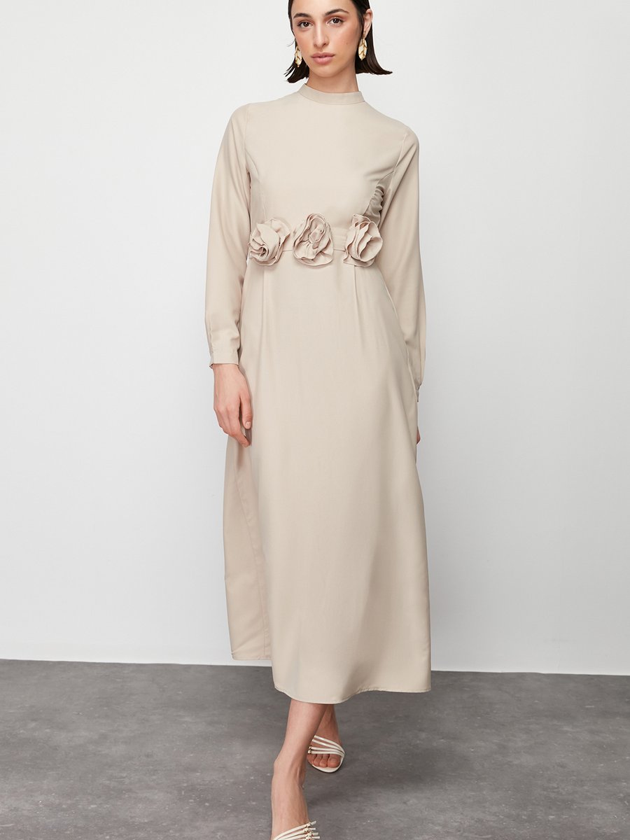 Trendyol Modest Vizon Kuşaklı Gül Detaylı Saten Dokuma Elbise