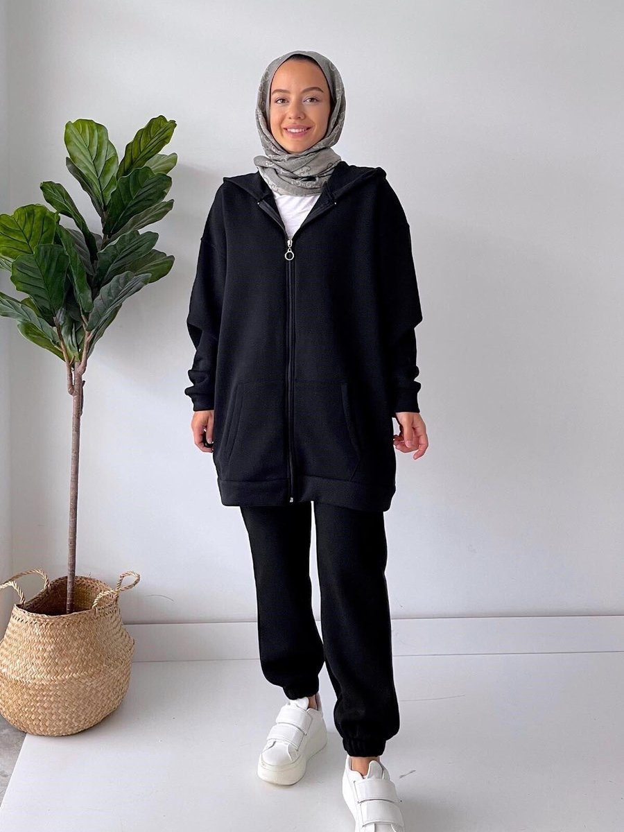Ka Hijab Kapüşonlu Şardonlu Eşofman Takımı Siyah